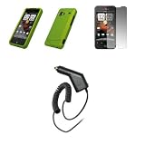 HTC Droid Incredible – Premium Neon Green Rubberized Snap-On Cover Hard Case Cell Phone Protector + Crystal Clear Screen Protector + Rapid Car Charger for HTC Droid Incredible