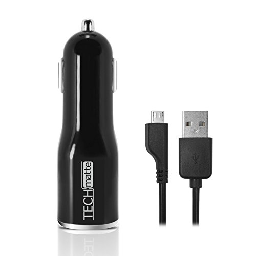 TechMatte Quick Charge 2.0 Car Charger, Dual-Port Quick Charge 2.0 Adaptive Fast Charger for LG G4, Samsung Galaxy S6 / S6 Edge / Note 4, Asus Zenfone 2, HTC One M9 / M8, Moto X Stylus/Pure (With Cable) Black