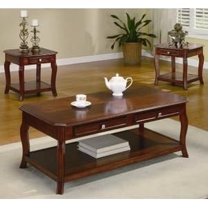 3pc Coffee Table and End Tables Set Warm Brown Cherry Finish