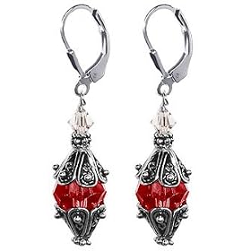 Cute Antique Style Elegant Red Swarovski Crystal Sterling Silver Leverback 2" Long Dangle Earrings