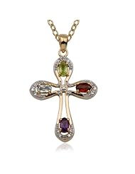 18k Yellow Gold Plated Sterling Silver Genuine Multi-Gemstone Cross Pendant, 18"