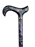 Walking stick- Purple pansie floral. This walking cane has a derby handle with matching print high gloss hardwood shaft. This Walking aid has a weight capacity of 250 pounds and 36 inches long.