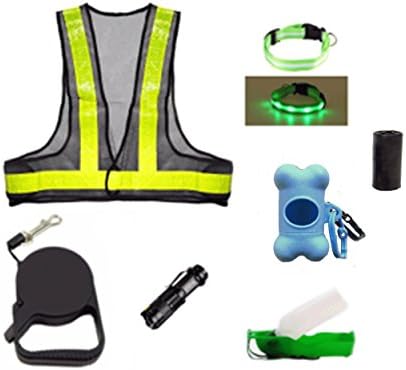 Deluxe Safety Dog Walking Kit with LED Dog Collar (small),Reflective Vest, Portable Water bottle,Waste bags, dispenser,Retractable Leash,Flashlight! Great Price!