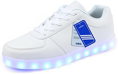 7 Colors LED Flashing Sneakers - USB Charging Flat Shoes - Luminous fashionable Sport Light Colorful Glowing Shoes for Men &amp; Boys - Deluxe Rechargeable LED Light-Up Sneakers (9 D(M) US Men, White)