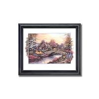 Lighted Cottages By Lake With Bridge Wall Picture Framed Art Print