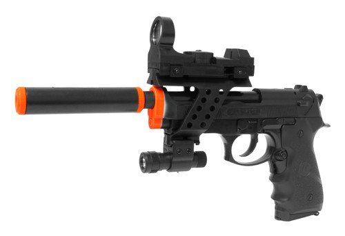 M9 Electric Full Auto Tactical Pistol FPS-150, Silencer, Red Dot Sight, Flashlight, Blowback Airsoft Gun