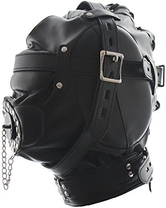 Epltion Fetish Sexy Faux Leather Masquerade Adjustable Full Face Eye Holes Open Mouth Rivet Hood Mask for Role Play(black)
