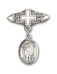 Sterling Silver Baby Badge with St. Amelia Charm and Badge Pin with Cross