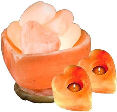 Himalayan Salt Lamp ~ Heart Shaped ~ Abundance Bowl, Heart Shaped MASSAGE Stones and 2 Candle Holders.