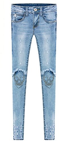 スリム ジーンズ デニム スカル ドクロ 刺繍 大きいサイズ 長袖 ストリート カジュアル フェミニン エレガント 通学 通勤 レディース 美脚 秋物 冬物 可愛いスカーフ付き m405