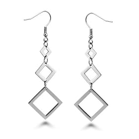 Stainless Steel Square Dangle Earrings 2.75Inch Drop