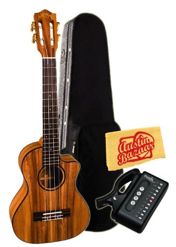 Lanikai SMP-TCA Solid Monkey Pod Tenor Cutaway Ukulele (with Electronics) Bundle with Hard Case, Cherub Tuner, and Polishing Cloth