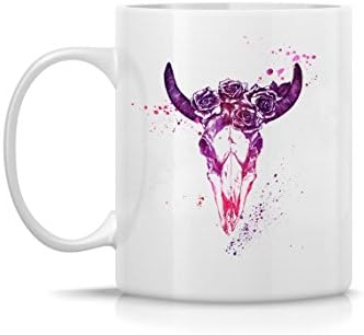 Midwest Dream Cow Skull With Roses Watercolor Art Print Coffee Mug 11oz, 15oz Dishwasher-Safe, Microwave-Safe