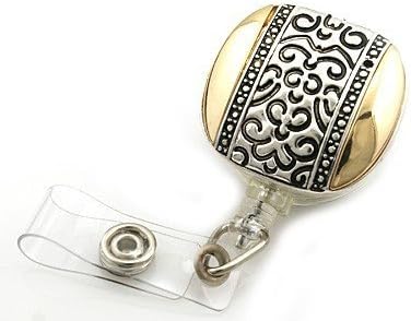 ID Badge Holder Classy Silver Gold- Retractable ID Badge Holder and ID Name Tag. Badge Reel Clip On with Spring Pinch Clip For Name Badges &amp; Badge Labels