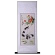 Handmade Asian Wall Art Scroll Painting On Textured White Brocade - Bunny Rabbits & Spring Flowers