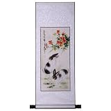 Handmade Asian Wall Art Scroll Painting On Textured White Brocade - Bunny Rabbits & Spring Flowers