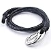 KONOV Black Leather Men's Bracelet Stainless Steel Clasp, Black Silver - 8