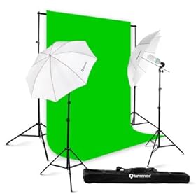 Lumenex Studio 400W Photography Lighting Light Kit + 10' x 10' 100% Cotton Green Chomakey Muslin Backdrop Background Photo Portrait Studio 32 Umbrella Continuous Lighting Kit