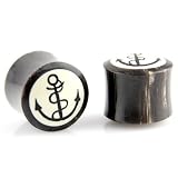 Hand Carved Black Brown Horn Plugs - White And Black Anchor Inlay - Gauge: 20mm / 3/4