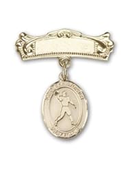 14K Gold Baby Badge with St. Christopher/Football Charm and Arched Polished Badge Pin