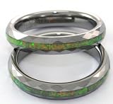 Narrow (4mm Wide) Faceted Tungsten Carbide Ring with Green/white Precious Opal Inlay
