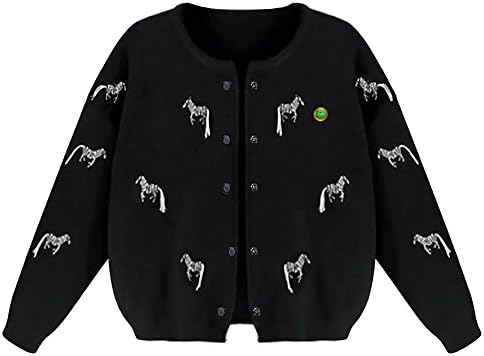 LOCOMO Women Knit Horse Zebra Embroidery Long Sleeve Cardigan FFJ051BLK