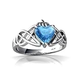 14K White Gold Heart Genuine Blue Topaz Celtic Claddagh Knot Ring
