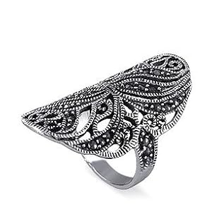 Marvelous Floral Marcasite Sterling Silver Ring Size 9 by