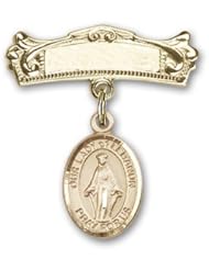 14K Gold Baby Badge with Our Lady of Lebanon Charm and Arched Polished Badge Pin