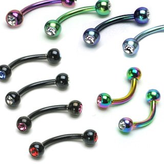 Titanium Anodized Over 316L Surgical Stainless Steel Green Eyebrow with 2-Press Fit Clear Gem Balls - 16G (1.2mm), 8mm Length, 3mm Ball Size - Sold as a Pair