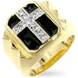 Men's Ring - Studded CZ Cross, Shiny Rhodium and Gold Plating, Enamel Finish (Sizes 9-14)