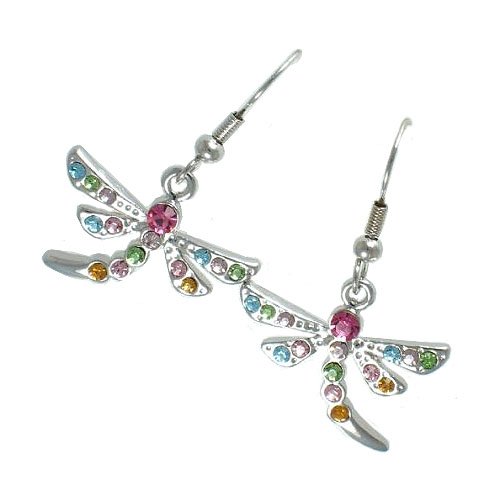 Earrings Dangle Dragon Fly 19 Mm X 23 Silver Multi Color Cz