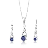 Sterling Silver Round Shape Sapphire Pendant Earrings and 18 inch Necklace Set