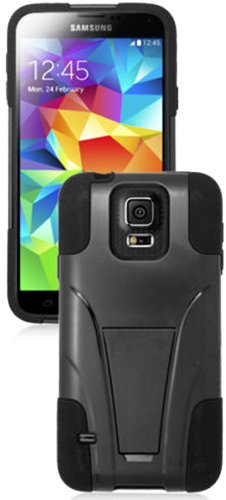 myLife Dark Jet Black - Neo Hybrid Series (Built In Kickstand) 2 Piece + 2 Layer Case for NEW Galaxy S5 (5G) Smartphone by Samsung (External Hard Fit Armor With Built in Kick Stand + Internal Soft Silicone Rubberized Flex Gel Bumper Guard)