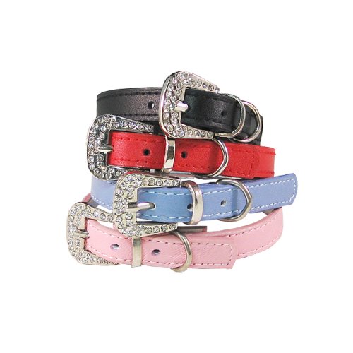 Leather Collar w/ Rhinestone Buckle – Pink – 12 in.