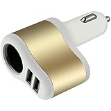 Topoint&reg; USB Car Charger Adapter with 1 Socket Cigarette Lighter Adapter DC Outlet Car Splitter, 2 USB Socket Car Charger for iPhone 6s/ 6 Plus, iPad Air 2/ mini 3, Galaxy S6/ S6 Edge and etc(Gold)