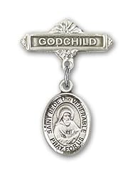 Sterling Silver Baby Badge with St. Bede the Venerable Charm and Godchild Badge Pin