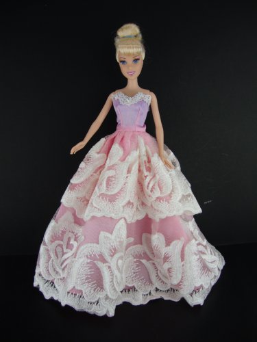 Stunning Pink Gown with Large Flowered White Lace Made to Fit the Barbie Doll