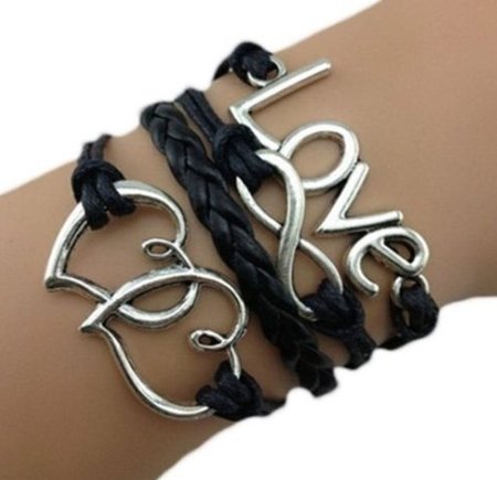 Bracelet Infini Coeur et Love / Infinity / One Direction - Noir / Argenté