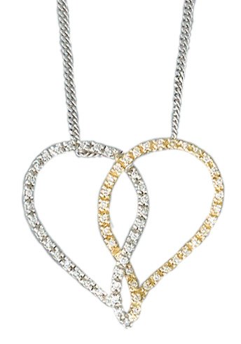 14K Two-Tone Hand-Crafted Heart in Heart Designer Pendant, Enhanced with Pave Set Diamonds, Sliding on a 16'' Cable-Chain Necklace.(GH-Color, SI-Clarity, c.t.t.w.0.21CT).