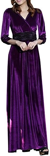 YBZ Women Vintage V-Neck Waisted Sequin Long Sleeve Long Prom Dress Purple L
