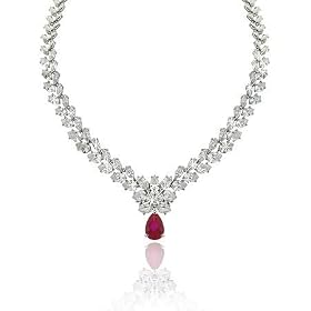 Estate Sterling Silver .925 Simulated Diamond & Ruby Red cz Stone WaterFall Teardrop Necklace