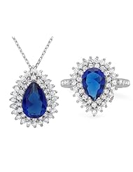 Sterling Silver Royal Blue Pear CZ Necklace and Ring Set
