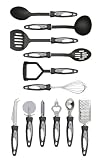 from Premier Housewares Premier Housewares 12-Piece Stainless Steel Tool Set with Black Handles includes Spoon/ Slotted Spoon/ Ladle/ Slotted Turner/ Masher/ Whisk/ Cheese Knife/ Pizza Cutter/ Peeler/ Bottle Opener/ Ice Cream Scoop/ Grater Model 0806296