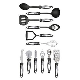 Premier Housewares 12-Piece Stainless Steel Tool Set with Black Handles includes Spoon/ Slotted Spoon/ Ladle/ Slotted Turner/ Masher/ Whisk/ Cheese Knife/ Pizza Cutter/ Peeler/ Bottle Opener/ Ice Cream Scoop/ Grater