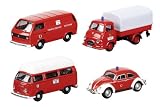 Dickie-Schuco 452590100 - Set Feuerwehr Dortmund 1:87, Set mit 4 Modellen: Hanomag Kurier Pritsche-Plane, VW K�fer, VW T2a Bus mit Hochdach, VW T3 Kastenwagen, rot, Windowbox