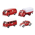 Dickie-Schuco 452590100 - Set Feuerwehr Dortmund 1:87, Set mit 4 Modellen: Hanomag Kurier Pritsche-Plane, VW K�fer, VW T2a Bus mit Hochdach, VW T3 Kastenwagen, rot, Windowbox