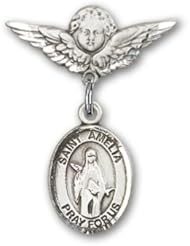 Sterling Silver Baby Badge with St. Amelia Charm and Angel with Wings Badge Pin