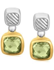 18K Yellow Gold and Sterling Silver Drop Earrings with Bezel Set Green Amethysts