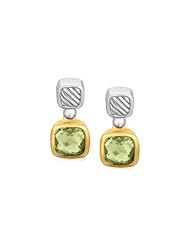 18K Yellow Gold and Sterling Silver Drop Earrings with Bezel Set Green Amethysts